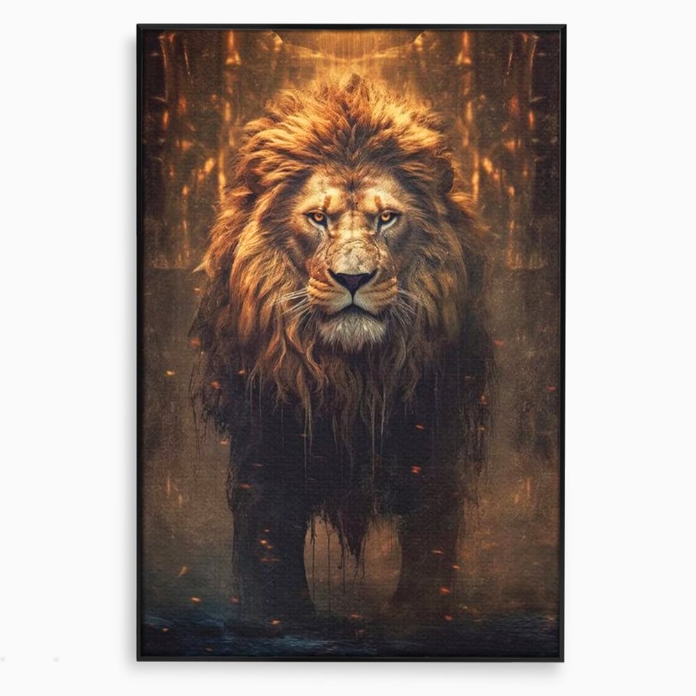 Tablou canvas cu tablou canvas cu portret de leu, in rama de aluminiu negru